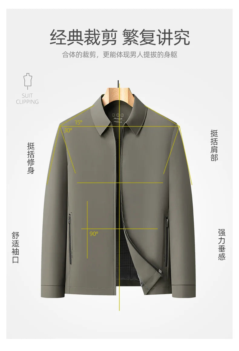 2026 New Men's Spring Lapel Zip-Up Jacket Spandex Fabric Casual Business Outerwear Windproof Anti-Wrinkle Coat