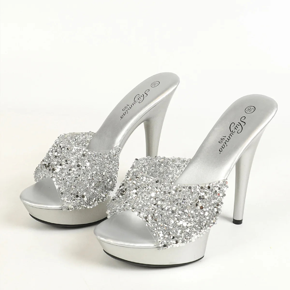 Street Style Fashion Women Shoes 13CM Stiletto Slide Sandals Shiny Sequin Party High Heels 2024 New Summer Thick Bottom Slippers