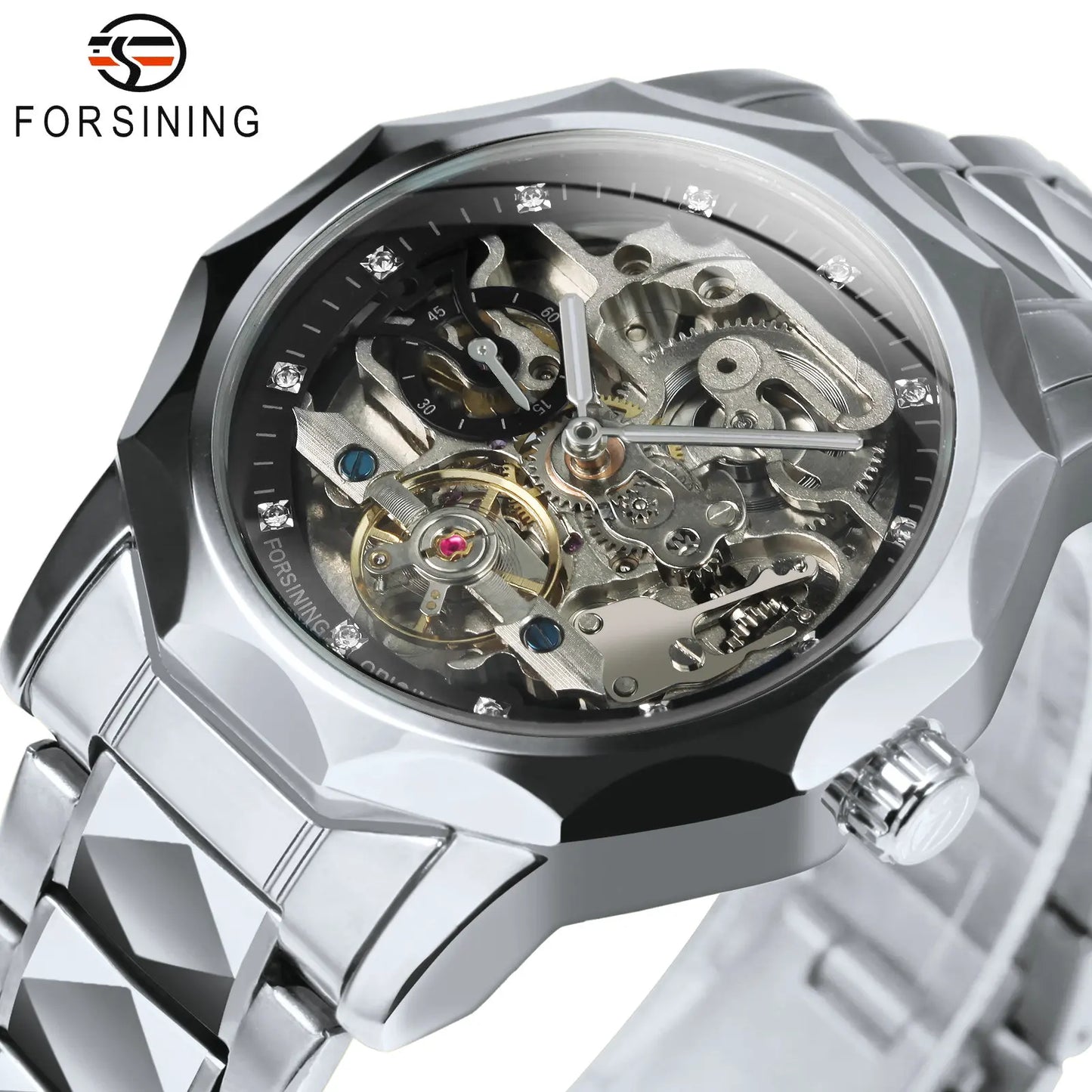 Forsining Fashion Tourbillon Skeleton Automatic Mechanical Watch for Men Luminous Hands Iced Out Watches Stainless Steel Strap