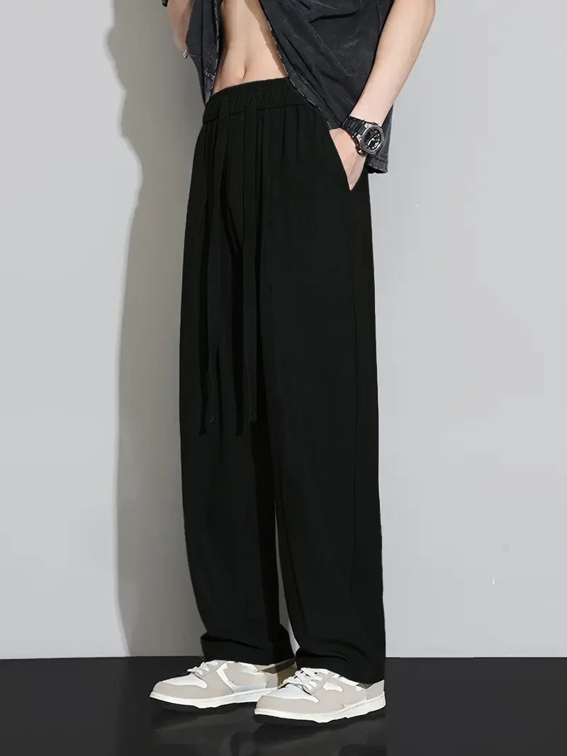 Summer New Arrival Men's Ice Silk Wide Leg Pants - Black Lightweight Breathable Quick-Dry Long Trousers (Cross-Border Exclusive)