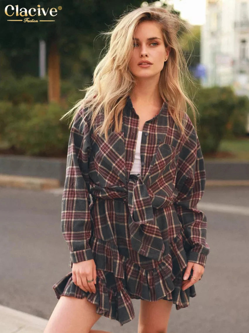 Clacive Fashion Loose Plaid 2 Piece Sets Women Outfit 2025 Elegant Long Sleeve Blouse With High Waist Pleated Mini Skirt Set
