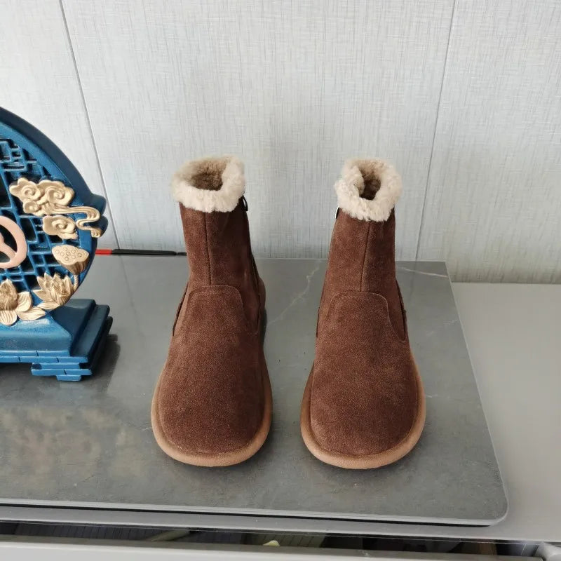 Careaymade-Genuine cow leather Snow cotton round head flats woolen short boots plush warm snow boots Oversized shoes size 35-43