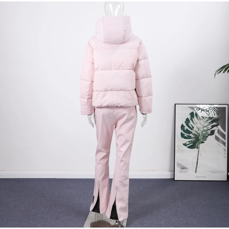 Women  Fur Collar Hooded Skiwear Fashion Solid Thicken Zipper High Waist Slim Outdoor Overalls Jumpsuit  Lady Winter Outwear
