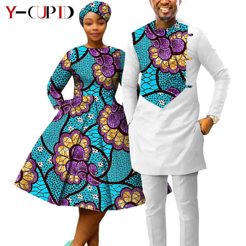 African Print Dresses for Women with Headwrap Matching Couple Outfits Dashiki Men Long Sleeve Pathwork Top and Pant Sets Y23C004