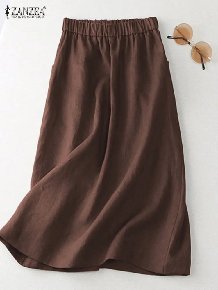 ZANZEA Women A Line Cotton Skirt Elastic Waist Midi Skirt Solid 2024 Summer Korean Side Pockets Falda Saias Casual Holiday Jupe