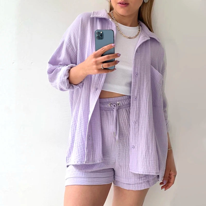 Casual Sleepwear 100% Cotton Pajamas For Women Sets Suit Turn-Down Collar Nine Quarter Sleeve Sleep Tops Shorts Female Homewear