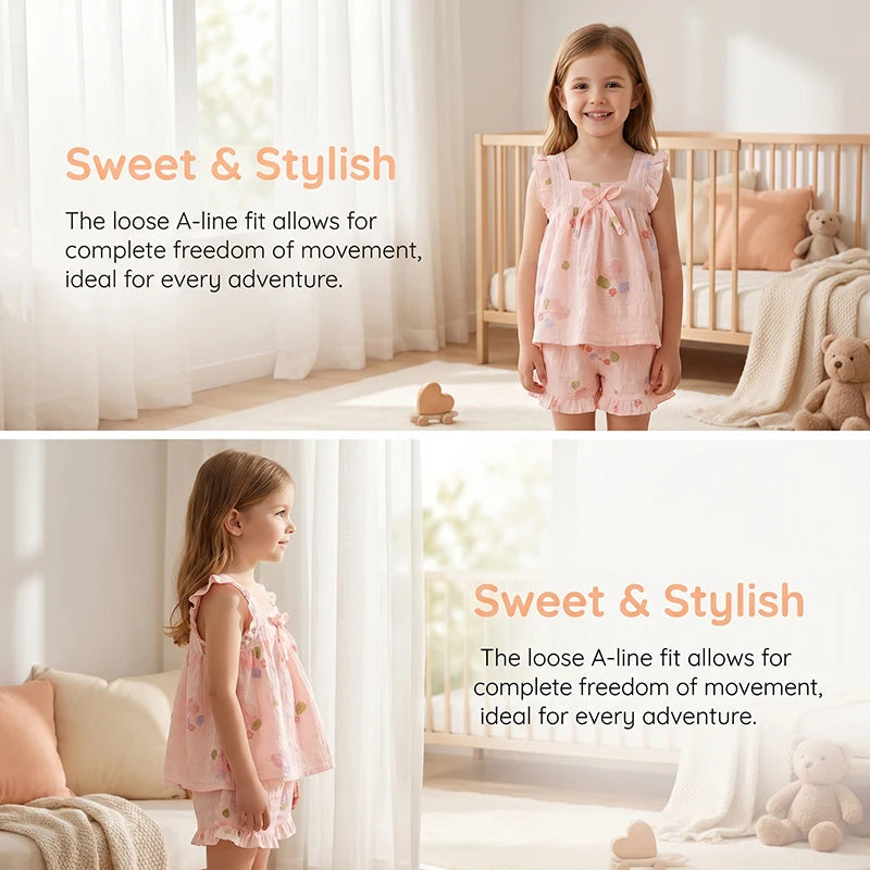 2026 Summer Girls Casual Clothes Set Strap Dress Top Floral Print Shorts Outfits Skin Friendly Playwear 2-8Y Kids Suits