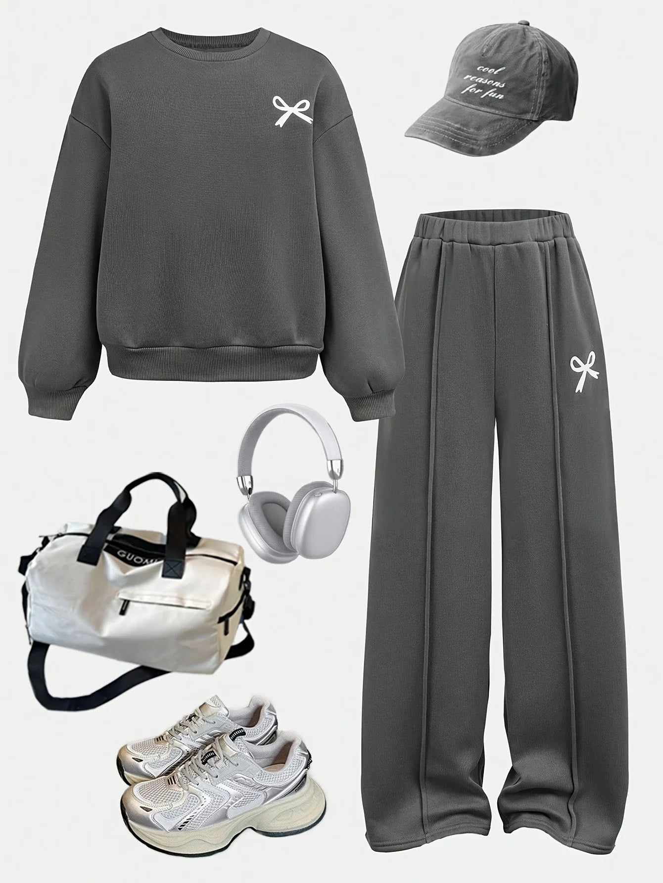 Girls' casual two-piece set: grey bow-accented sweatshirt and high-waisted long pants; a versatile, fresh-style outfit perfect f