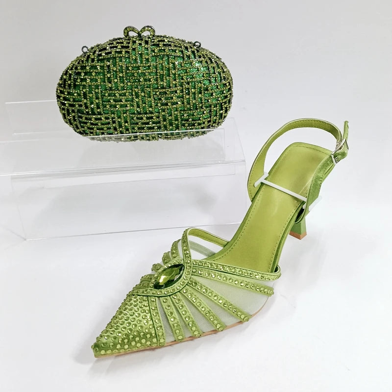 INSIGHTLINK Women Olive Green Pointed-Toe Sandals Women's High Heels Shoes and Bags for Party Rhinestone Evening Bags And Shoes