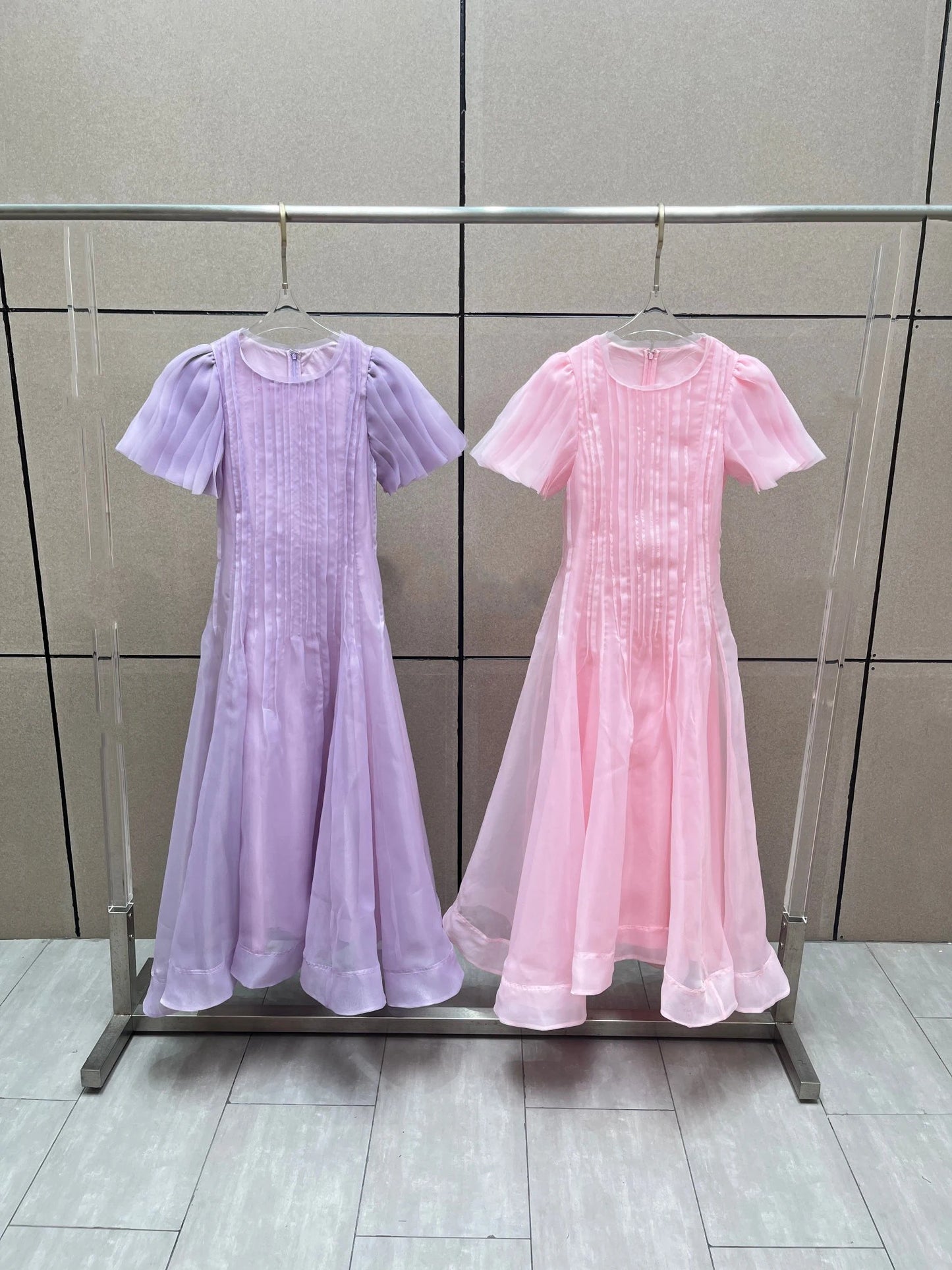 Summer 2025 Women's round NeckDouble Layer FabricHeavy Work Short Sleeve Dress Y2K High Quality Fashion High Street A-Line Skirt