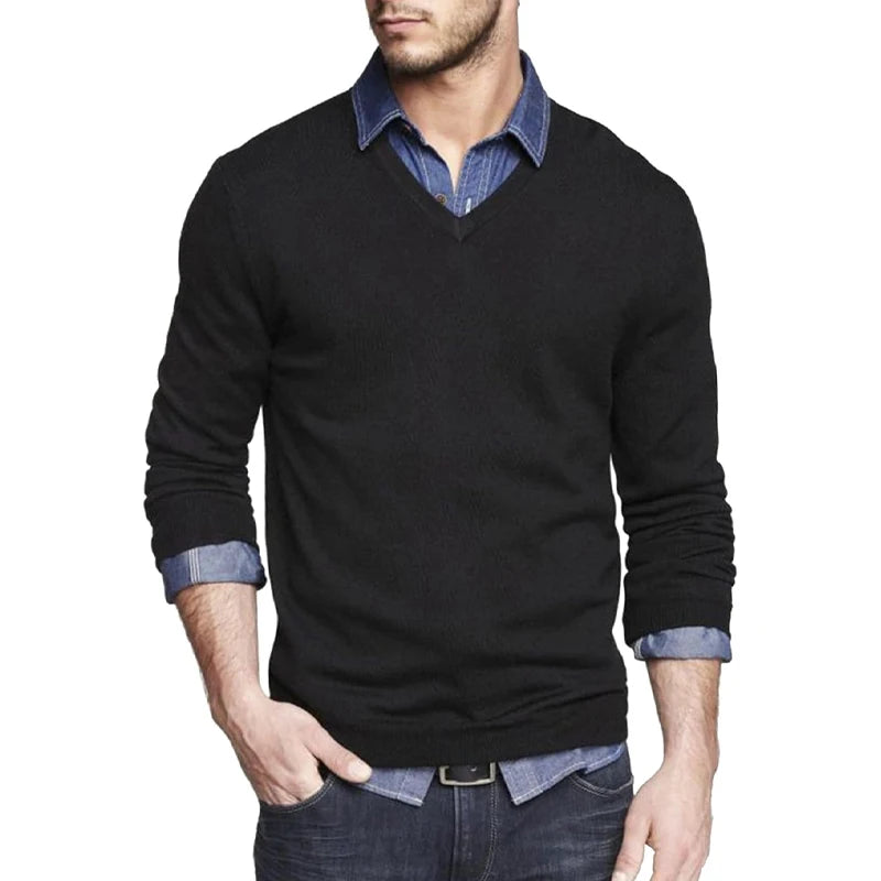 Men's Long Sleeve V Neck Pullover Sweater Slim Fit Knit Sweaters Lightweight Dress Casual Sweater Business Solid Color Outwear