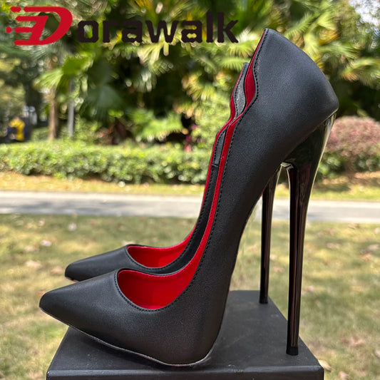 2026 Customize Side V Cut 16cm Ultra High Heels Matte Black Red inside Woman Pumps Curl Cut Slip on Pointed toe T-stage Shoes