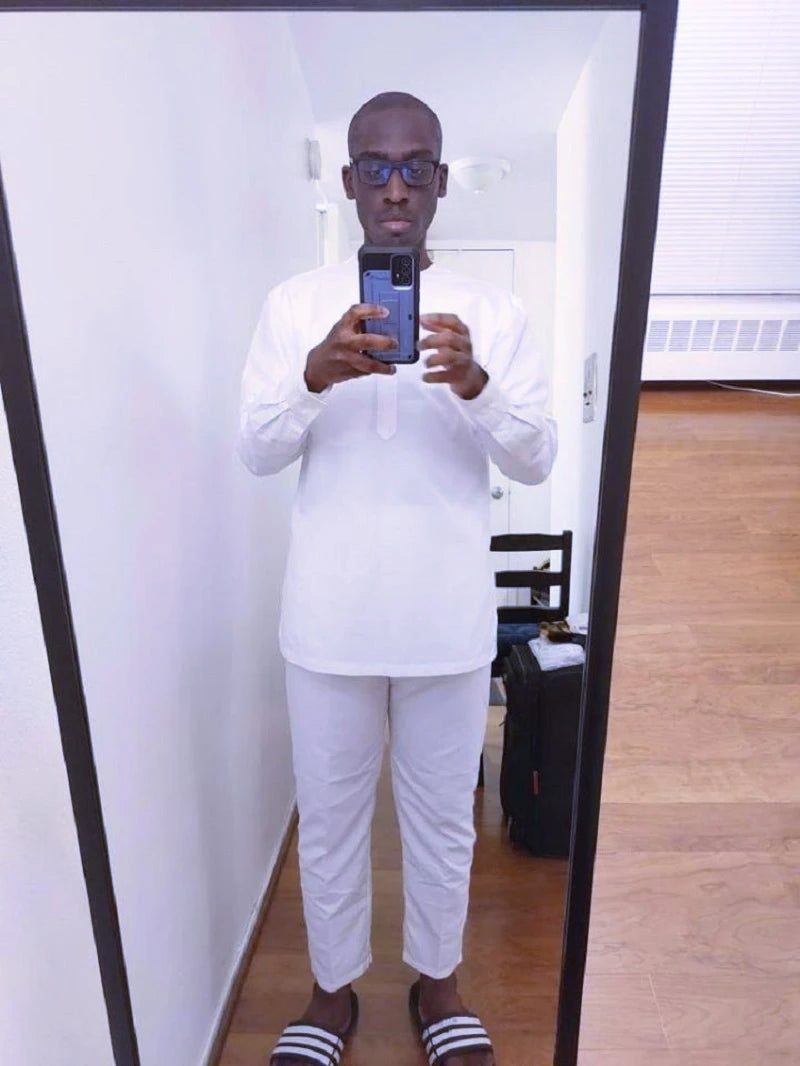 African Fashion Shirts Patch Trousers Solid White Pant Sets Senator Style Male Groom Suits Plus Size Party Wear African Clothes