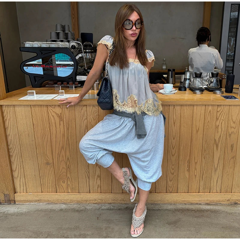 Lace Spliced Square Neck Spaghetti Strap Blouse Loose Fit Cropped 2026 Summer Women Chiffon Top Causal Delicate Lady Blusa