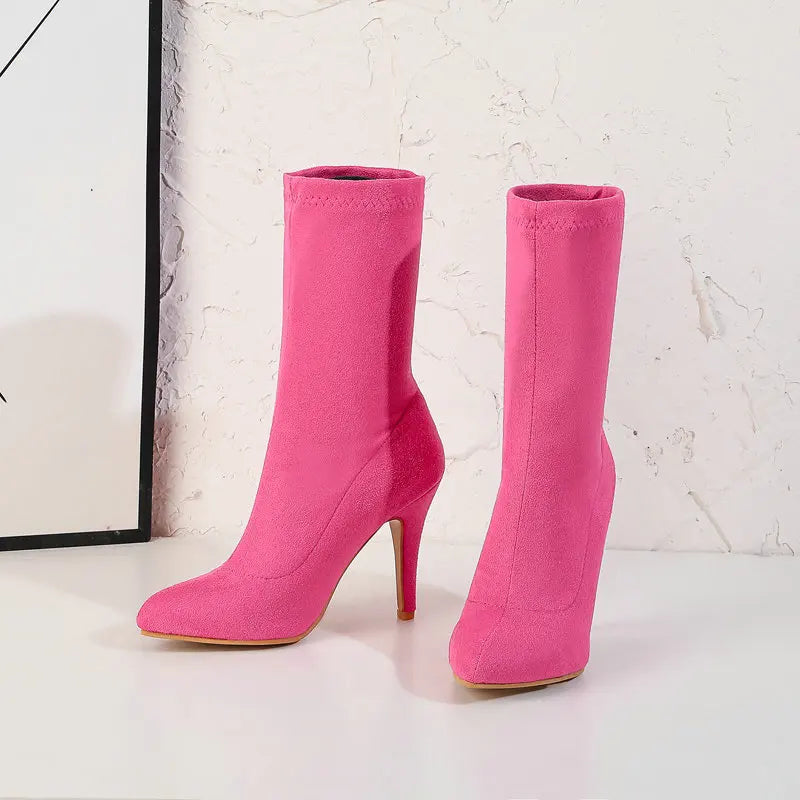 2023 Autumn Winter Sock Short Boots Lady Mid-Calf Thin High Heels Large Size 46 Fashion Women Shoes Elastic Flock Pointed Boots