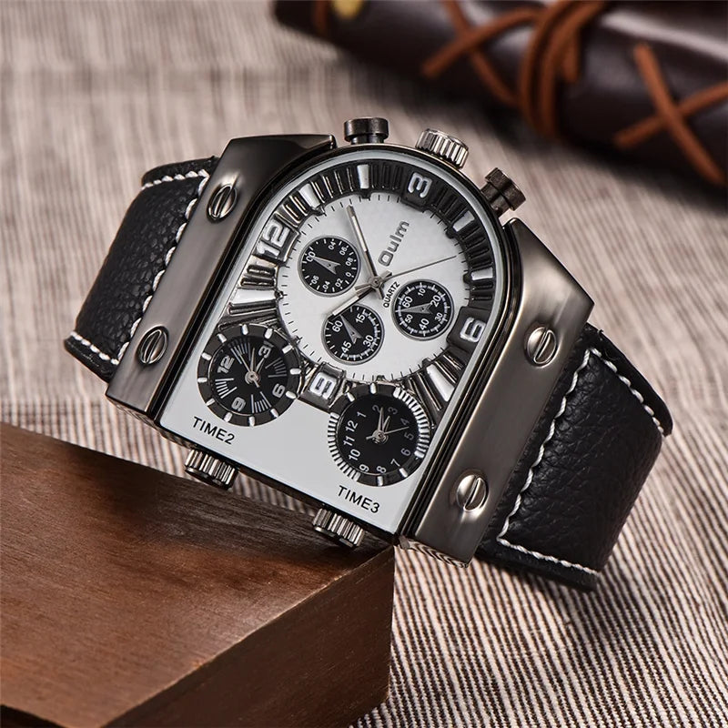 Oulm Top Men's Watches Mens Quartz Casual Leather Strap Wristwatch Sports Man Multi-Time Zone Military Male Watch Clock Relogios
