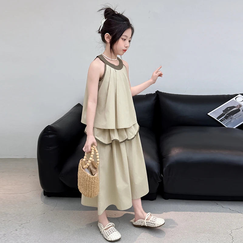 Girls Summer Casual Loose Skirt Pants Set Two Piece Outfit Big Kids Fashion Children's Clothing Set Comfortable