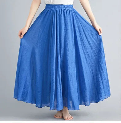 New 2020 Women Linen Cotton Long Elastic Waist Pleated Maxi Skirt Beach Vintage