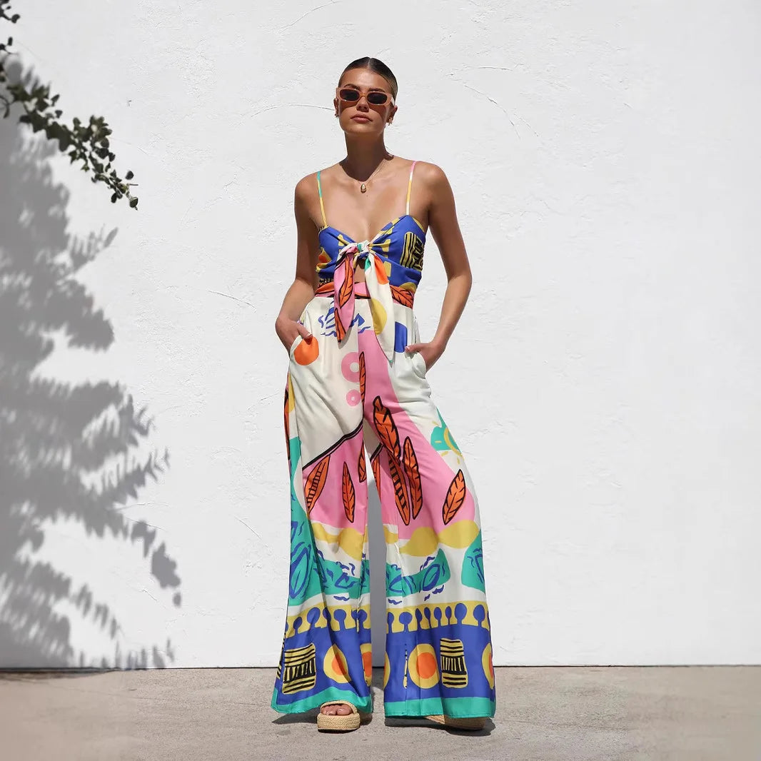 Beach Style Camisole Jumpsuit Waist Hugging Camisole Skirt Bow Tie Wide Leg Pants Vacation Jumpsuit Women's Rompers Dresses