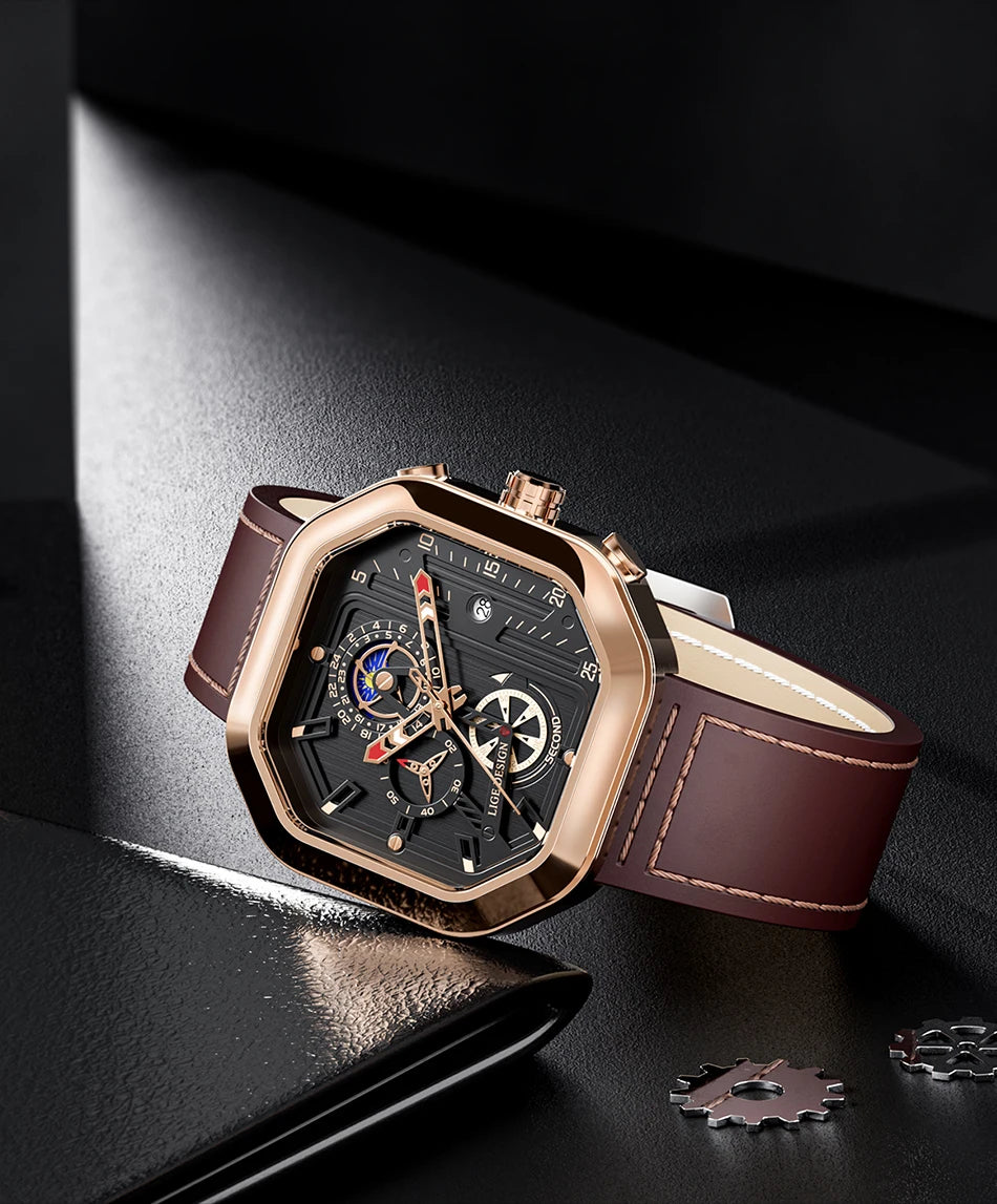2025 LIGE Business Leather Watch For Men Top Brand Luxury Mens Watches Waterproof Quartz Wrsitwatch 24 Hours Moon Phase Clock