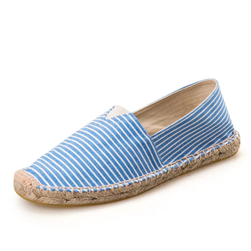 Mens Espadrilles Men Patchwork Slip on Summer Shoes Men Loafers Breathable Canvas Shoes Fashion Jute Wrapped Black Stripe