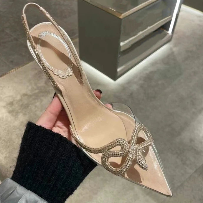 2024 Spring and Summer New Rhinestone High Heels Women's Thin Heels Pointed Sandals Transparent One-word Buckle Bag Head Shoes