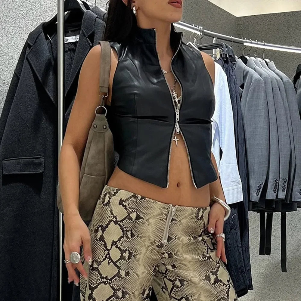 European and American style 2025 autumn new women's clothing fashion stand-up collar sexy backless slim PU small vest women