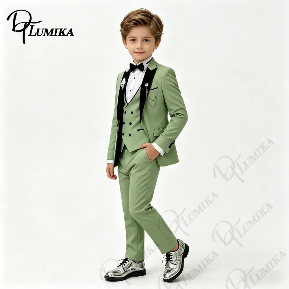 Boys Wedding Suit Jacket Vest Pants with Bowtie Tie Peak Lapel Kids Formal Tuxedo for Party Stage Prom Graduation Dress Outfit
