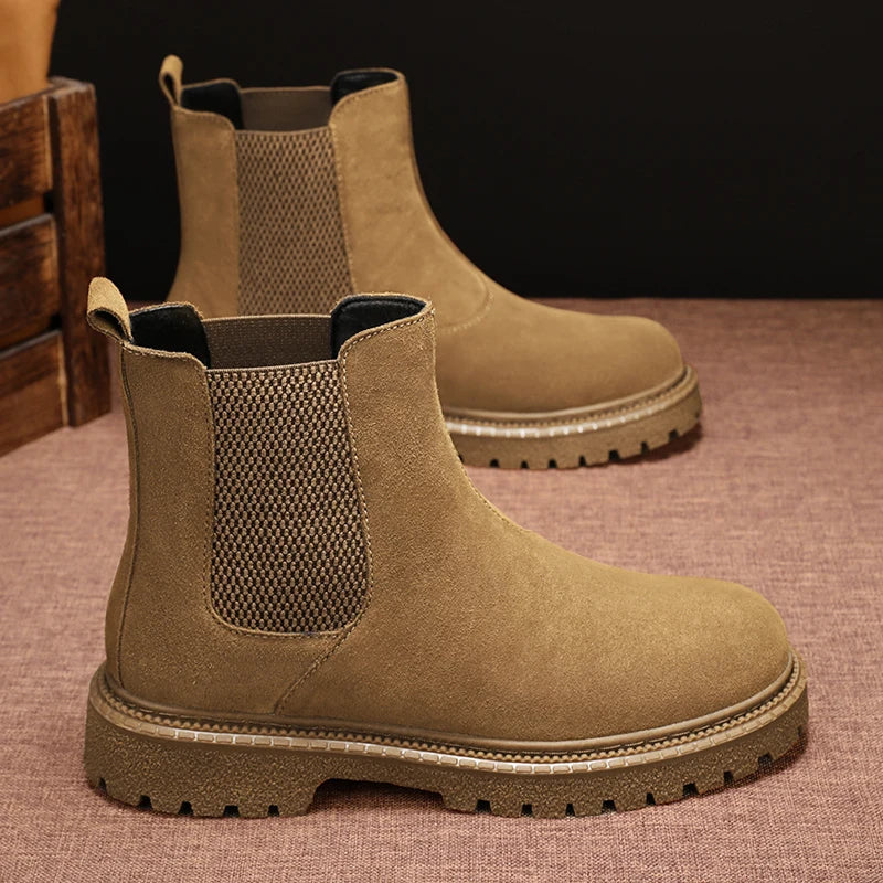 Mens Genuine Leather Chelsea Boots Ankle Casual Fashion Boot Luxury Winter Plush Warm Non-Slip Soles Pure Black Brown Suede