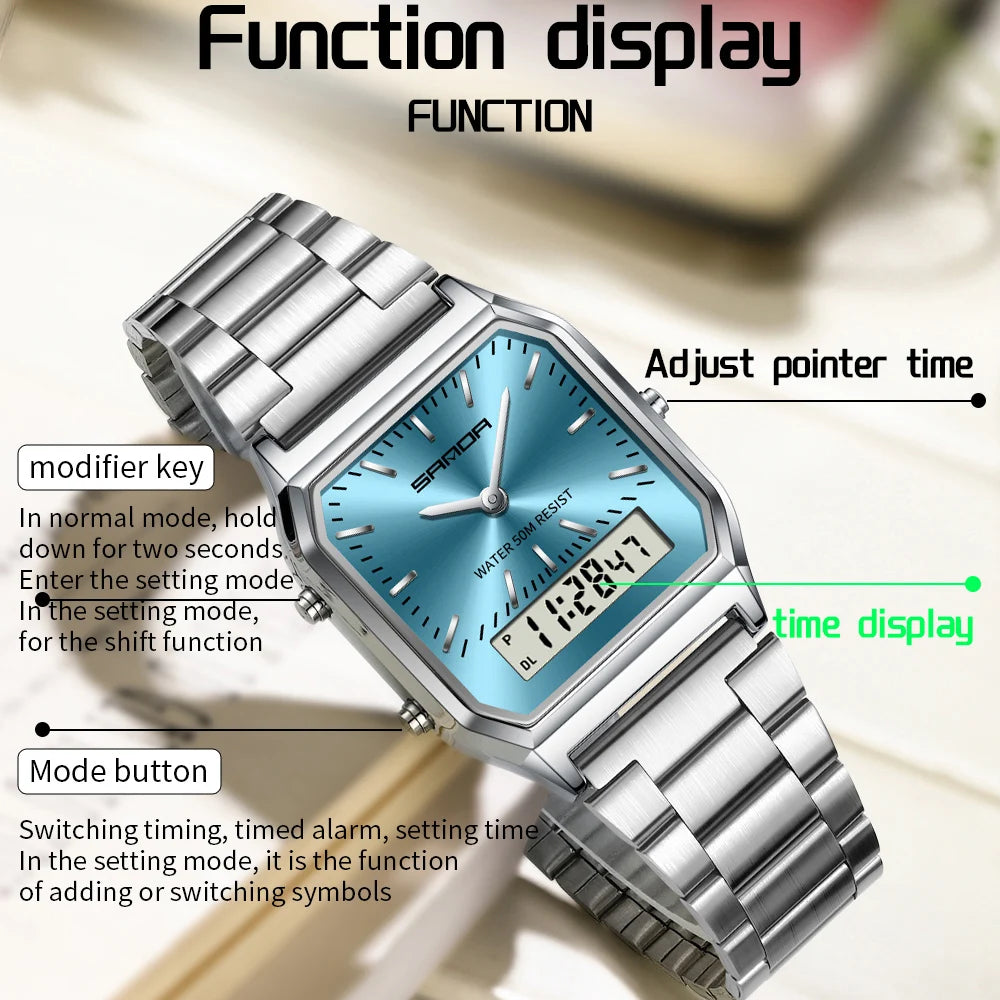 SANDA Men's and Women Watch Fashion Watches Business Style Alarm Clock Man Digital Wristwatch Square Dial Stainless Steel Strap