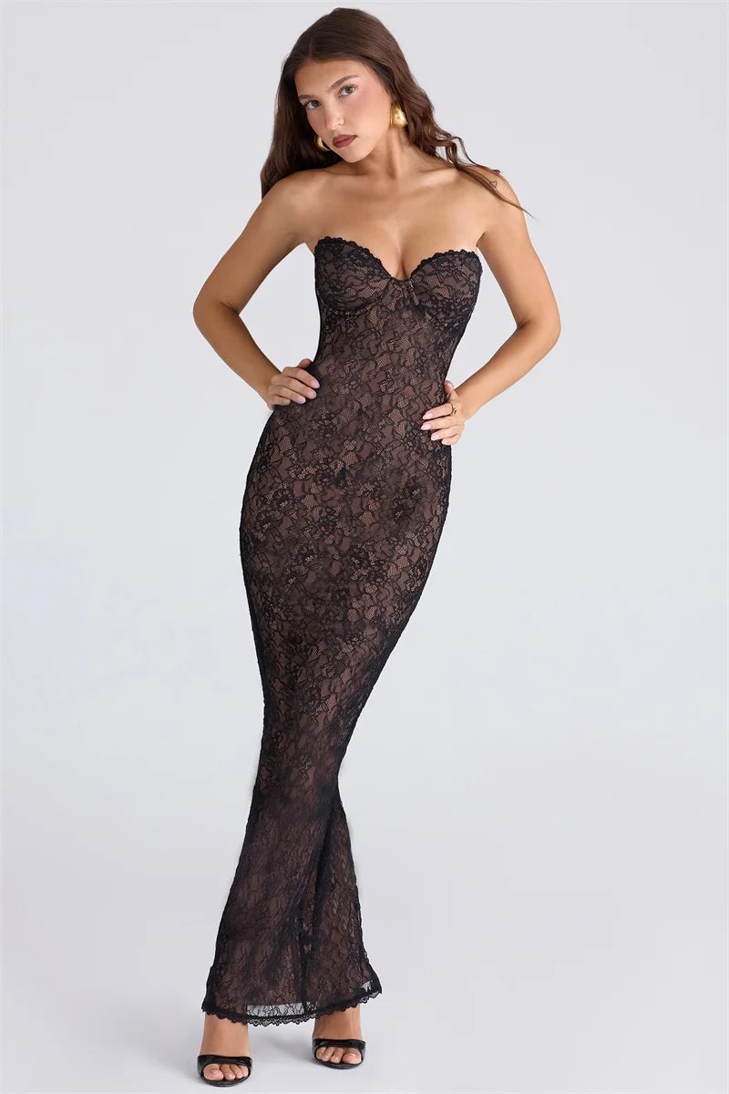 Mozision Lace Long Sleeve Sexy Maxi Dress Women Elegant Square Collar Strapless Backless Split Bodycon Club Party Long Dress