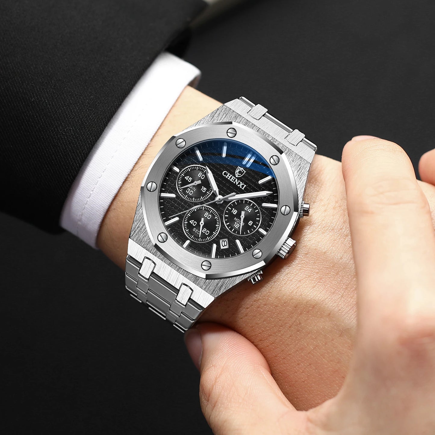 CHENXI Luxury Business Stainless Steel Men's Watches Quartz Movement Waterproof Round Dial Multifunctional Watch for Men