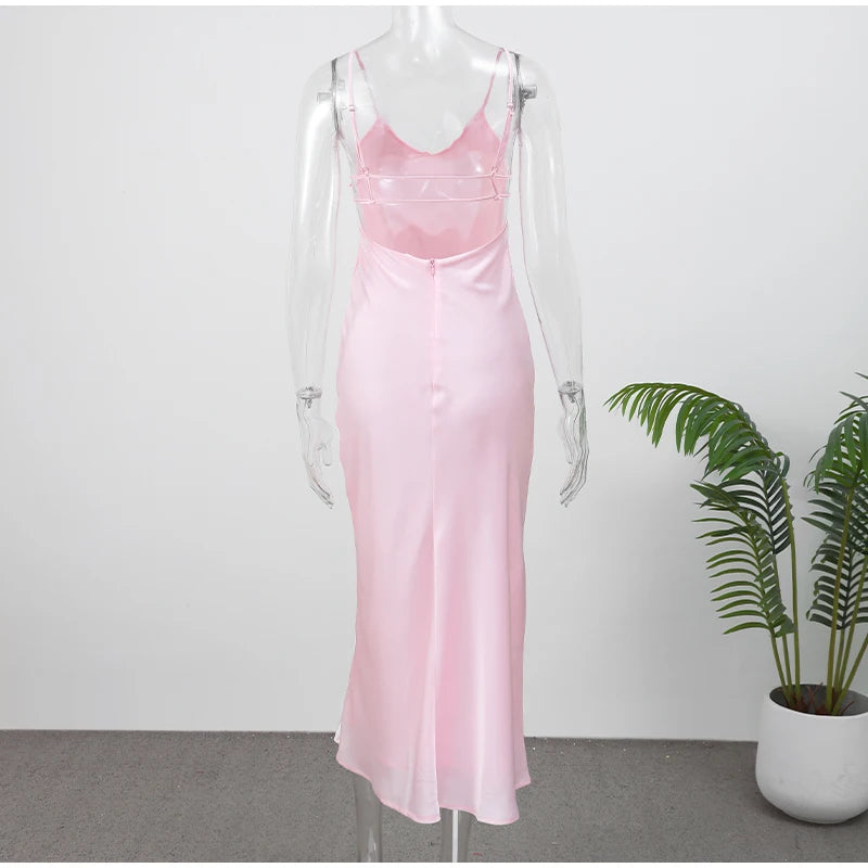 Elegant Satin Pink Women's Long Dresses Fashion Sleeveless Backless Slim Fit Hem Midi Dress Summer Female Holiday Robes 2026