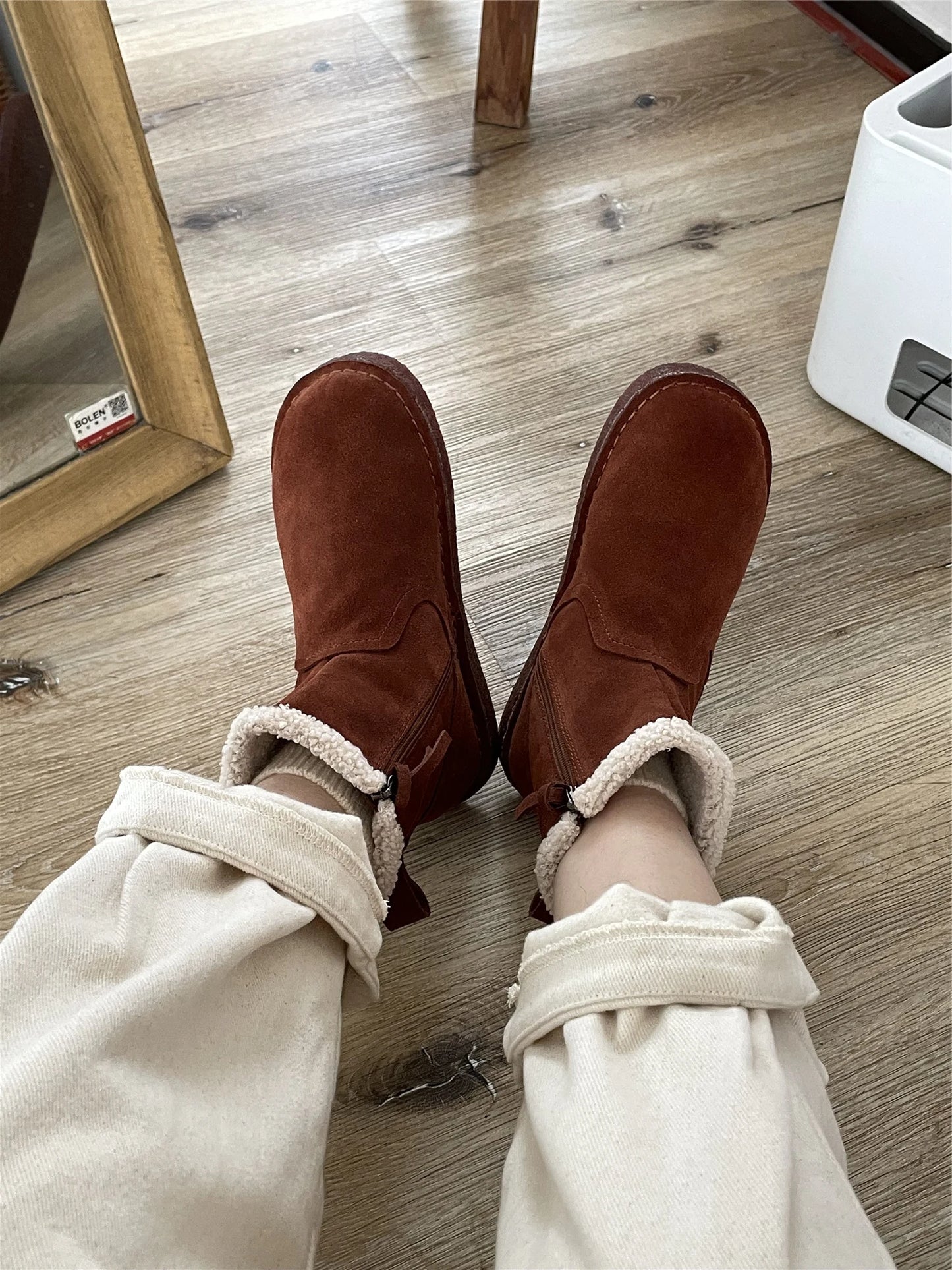 Careaymade-Genuine cow leather Snow cotton round head flats woolen short boots plush warm snow boots Oversized shoes size 35-43