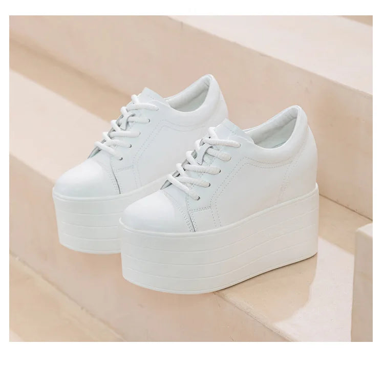 Fujin 12cm Genuine Leather Synthetic Women Autumn Spring Platform Wedge Women Fashion Sneakers Chunky Shoes Vulcanize Skateboard