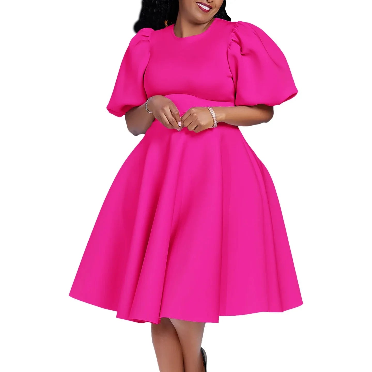 Elegant Dresses for Woman 2024 O Neck Short Sleeve High Waisted Pleated Mid Calf Luxury Female Birthday Party Dinner Vestidos