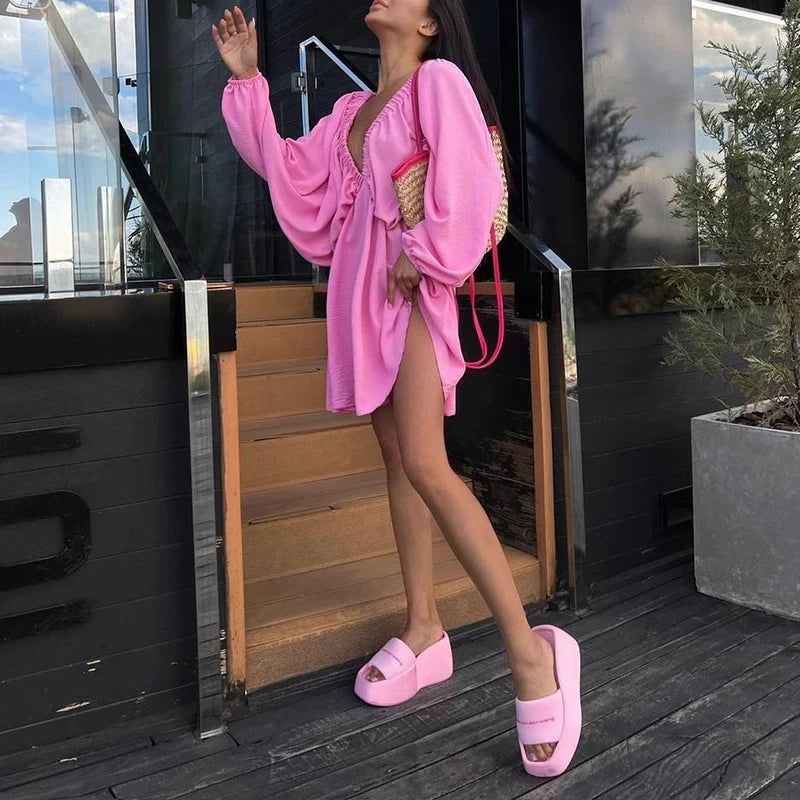 NHKDSASA Women Elegant Solid Loose Dress Summer Casual Long Sleeve Ruffle Dress Ladies Fashion V Neck A-line Party Dress Vestido