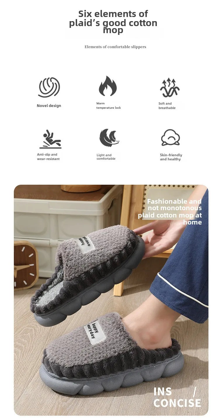 Man slippers home furry thick bottom slides designer winter warm velvet mens slippers blue cotton slipper males shoes