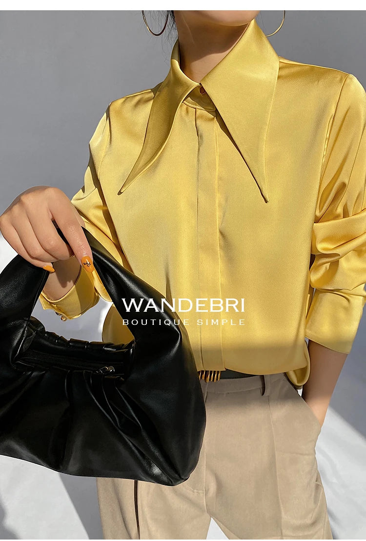 Stylish Elegant Turn Down Collar White Long Sleeve Satin Shirts Fashion Woman Vintage Blouse 2024 Office Lady Tops Blusas 16946