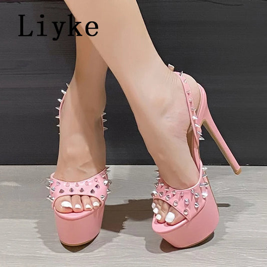 Liyke Brand Design Metal Rivet Open Toe Pink High Heels Platform Sandals For Women Summer Fashion Back Strap Party Dress Shoes