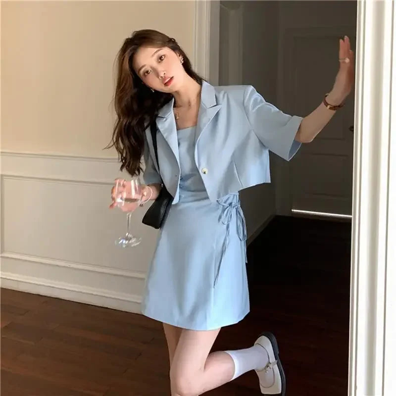 Dress 2 Pieces Sets for Women Lightly Cooked Kawaii Suits Short Sleeve Korea Top and Bottom Summer Clothes 2025 Y2k Woman Outfit