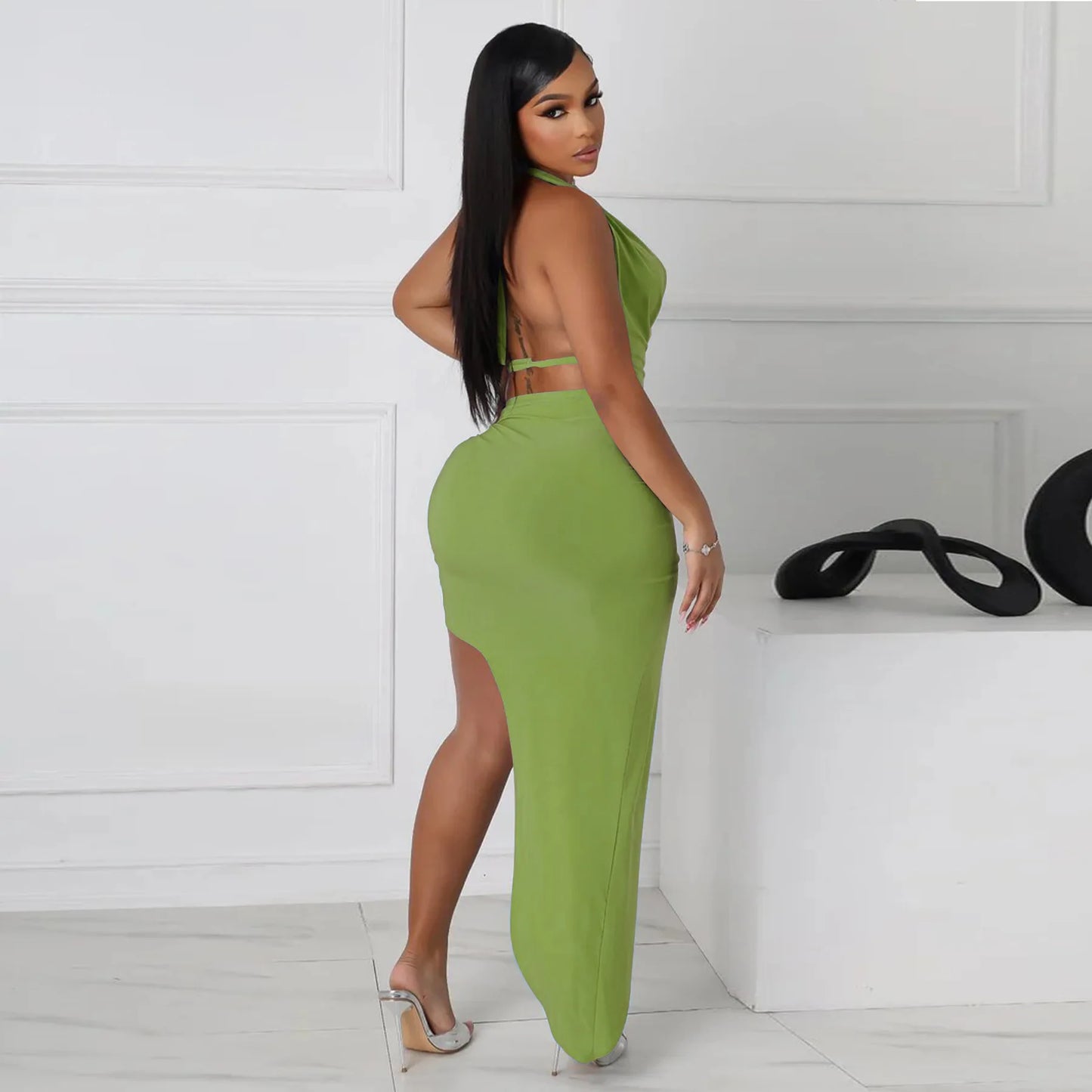 CM.YAYA Women's Set Halter Neck Backless Crop Top High Side Split Slim Maxi Skirts Suit 2025 Beach Sexy Two 2 Piece Sets Outfits