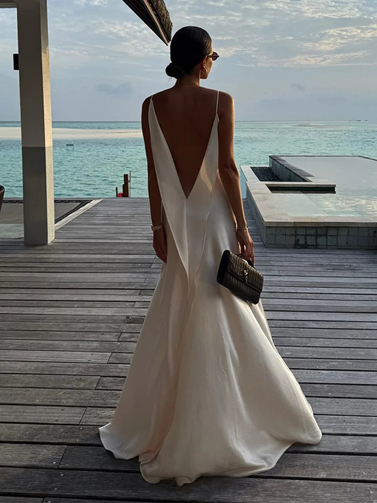 Women's Elegant Satin V Neck Long Dress Sleeveless Backless High Fork Robes Vacation Beach Maxi Vestidos 2026 New Lady Dresses