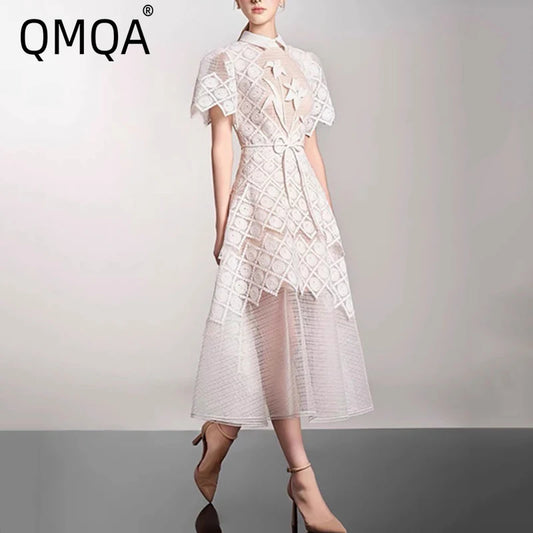 QMQA Fashion Women's Evening Dress Lapel Short Sleeve Lace Patchwork 3D Flower Lace-up Elegant Dresses Spring 2025 New QM269