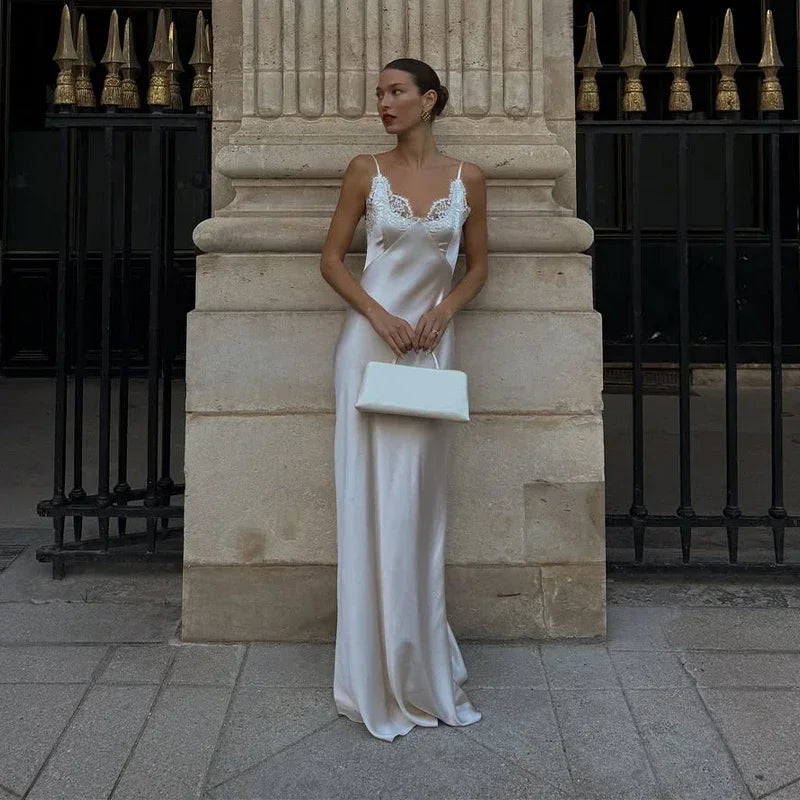 Women V-neck Satin Sling Maxi Dress Sexy White Lace Patchwork Sleeveless Backless Slim Gowns 2026 Evening Party Chic Dresses New