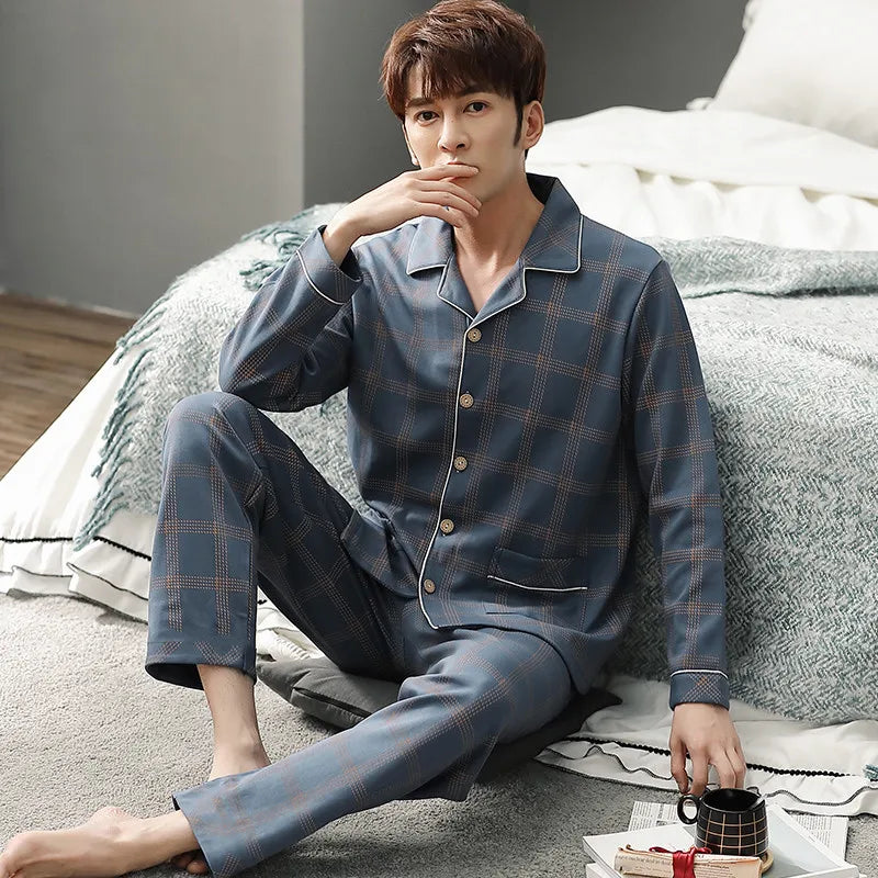 Pajamas for Men Spring and Autumn Long-Sleeved Young Men's Simple Casual Lapel Autumn and Winter Home Wear Set