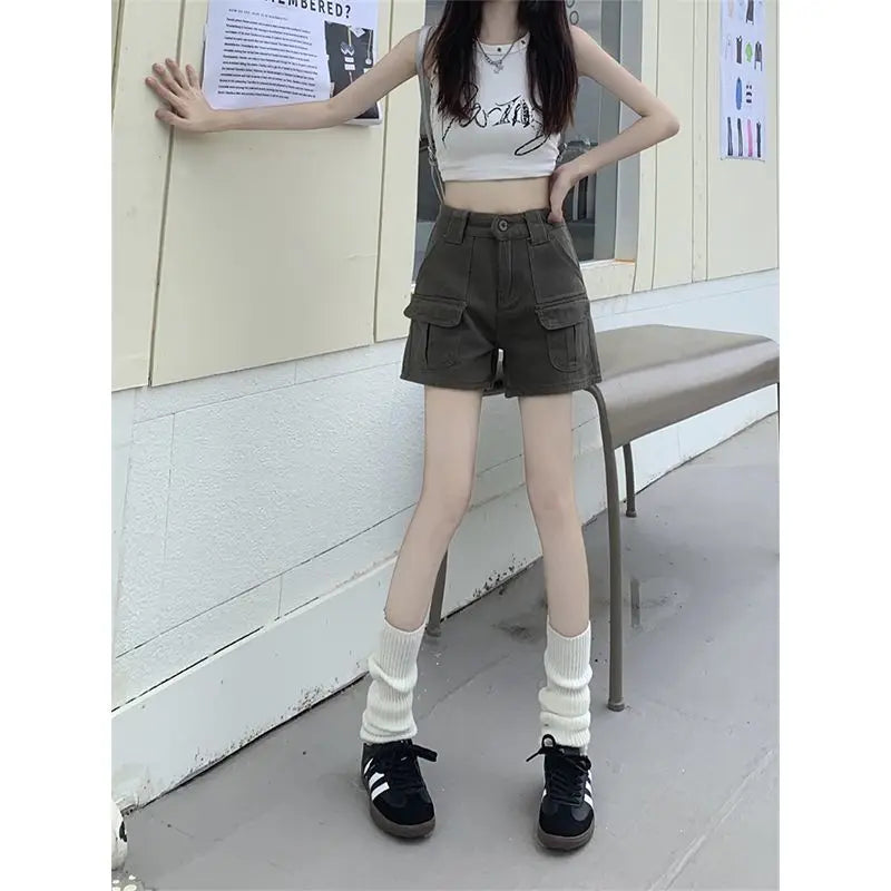 Straight Cargo Shorts Women Fashion American Retro Simple Leisure All-match Hot Summer Streetwear Mid Waist Pockets Designer Ins