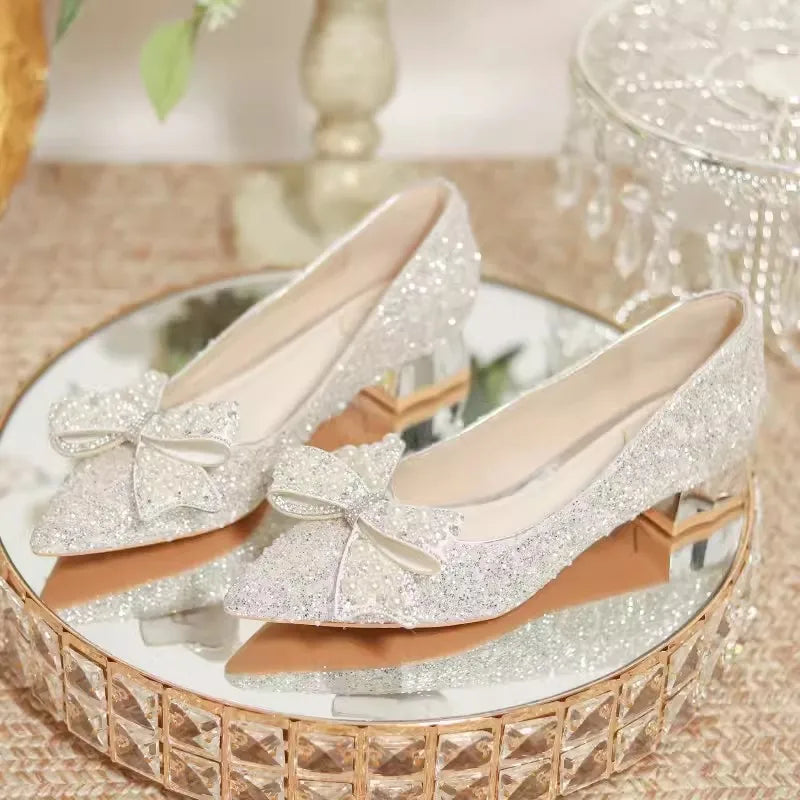 2024 New Autumn Brand Designer High Heels Luxury Pearl Crystal Bowtie White Wedding Shoes Women Pumps Thin Heeled Party Shoes