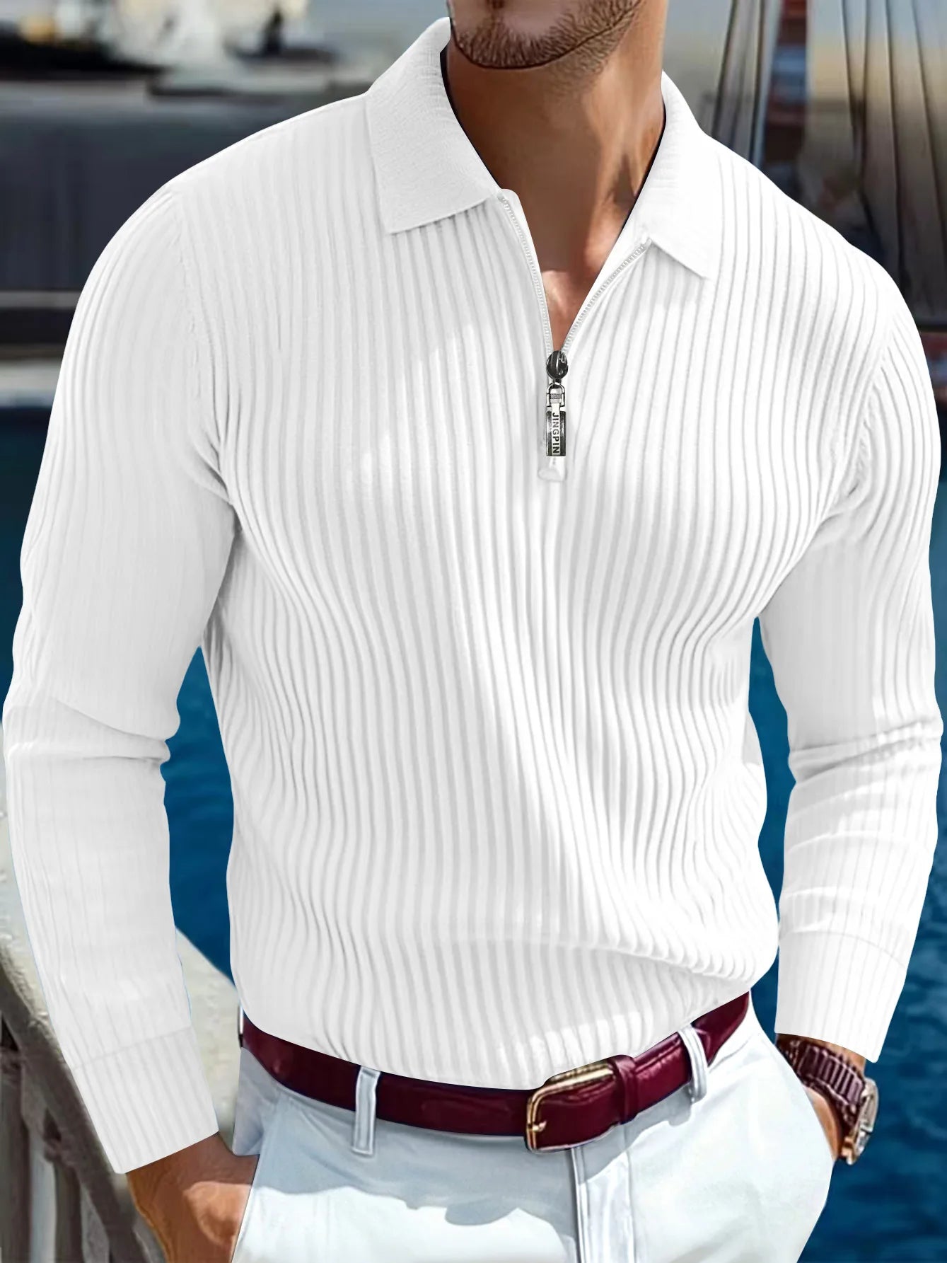 2025 Spring and Autumn New Men Solid Color Striped Button Knitted Collar Long Sleeve Top Business Casual Breathable Polo Shirt