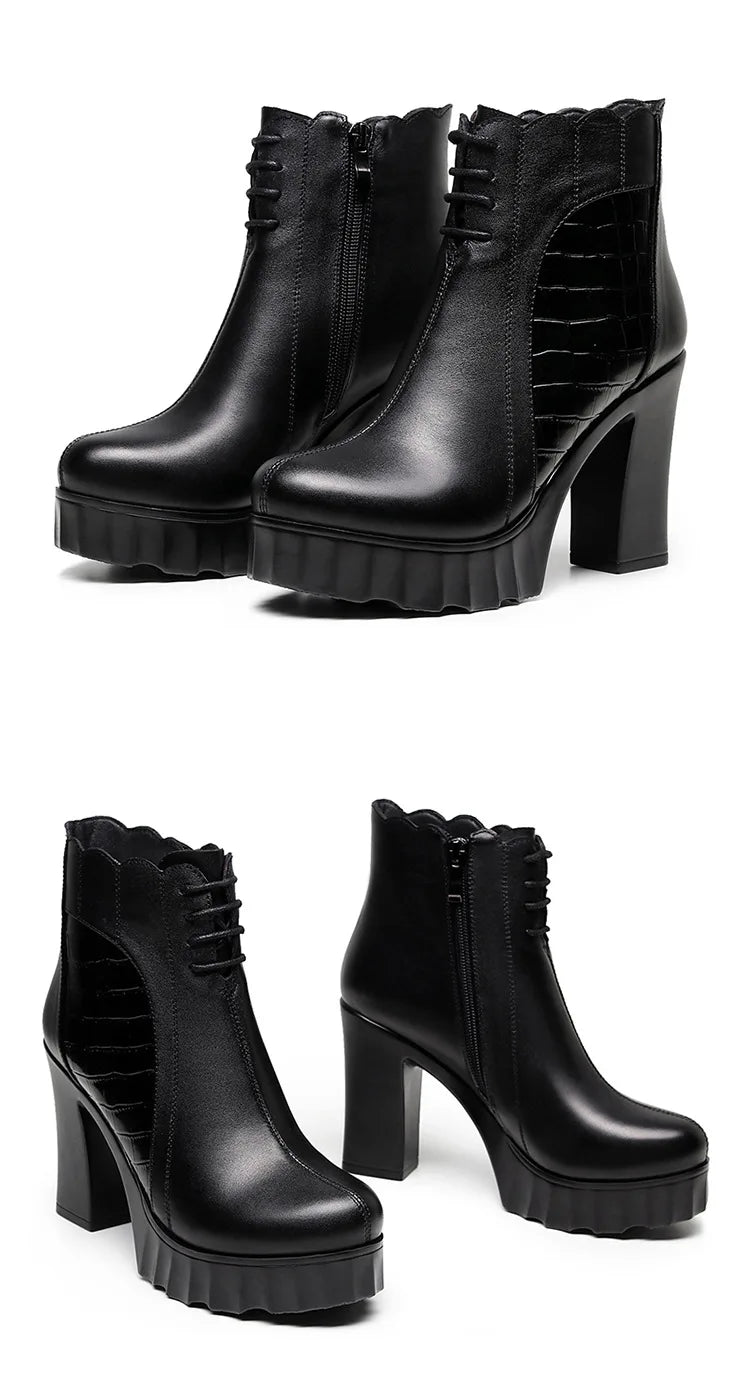 10cm Small Size 32-43 Elegant Fashion Soft Leather Boots Women Platform Shoes 2025 Winter Block High Heels Ankle Boots Office